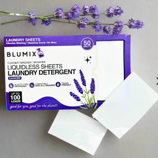 Blumix liquid-less laundry detergent sheets with light lavender scent